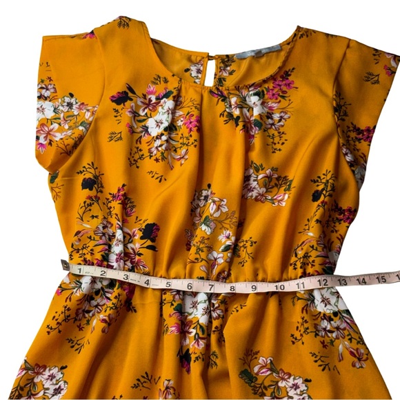 Sweet Rain Mustard Floral Dress Size L Boho Short Sleeve - Picture 7 of 8